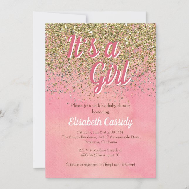 Pink and Peach Glitter Sprinkle Baby Shower Invite (Front)