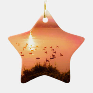 Pink and peach lake sunset ceramic tree decoration