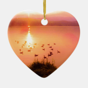 Pink and peach lake sunset ceramic tree decoration