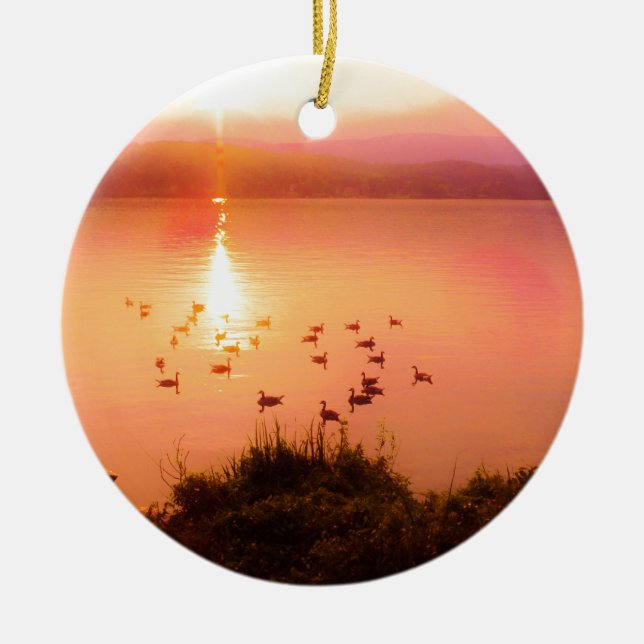 Pink and peach lake sunset ceramic tree decoration (Front)