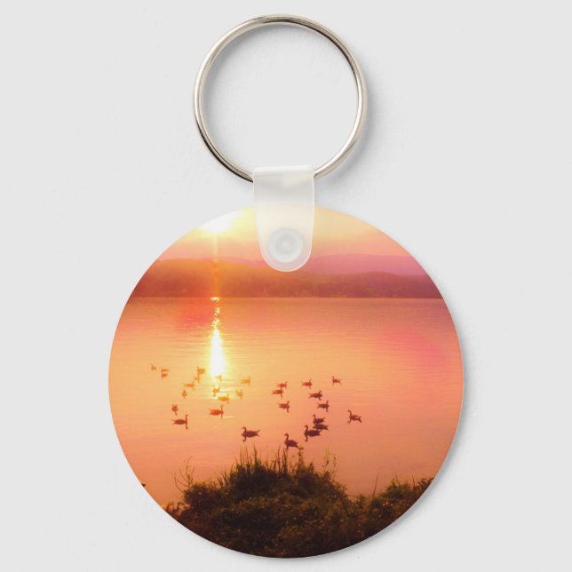 Pink and peach lake sunset key ring (Front)