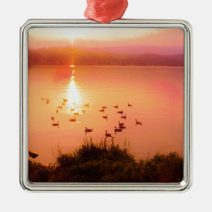 Pink and peach lake sunset metal tree decoration