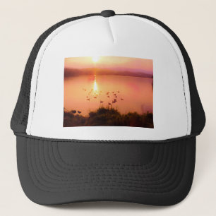 Pink and peach lake sunset trucker hat