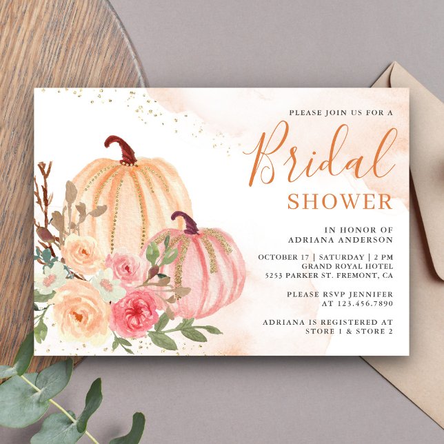 Pink and Peach Pumpkin Floral Fall Bridal Shower Invitation (Creator Uploaded)