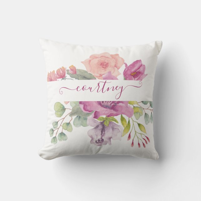 Pink and peach watercolor floral personalised  cushion (Front)