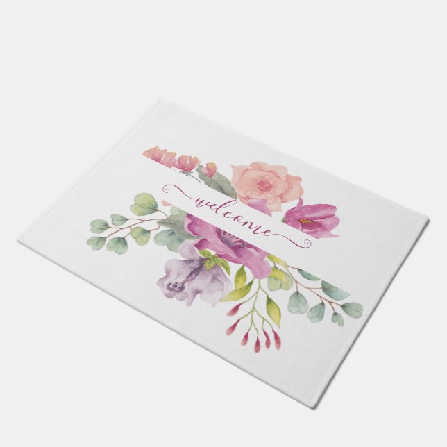 Pink and peach watercolor floral personalised  doormat (Angled)