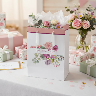 Pink and peach watercolor floral personalised   medium gift bag