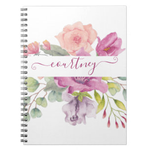 Pink and peach watercolor floral personalised notebook