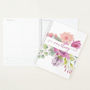 Pink and peach watercolor floral personalised planner