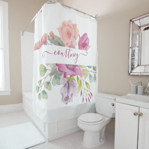 Pink and peach watercolor floral personalised  shower curtain