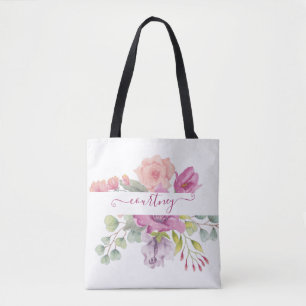 Pink and peach watercolor floral personalised tote bag