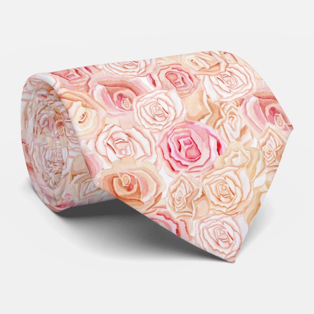 Pink and Peach Watercolor Roses Floral Pattern Tie (Rolled)