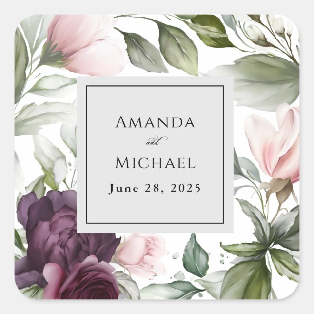 Pink and Plum Botanical Charm Wedding Square Sticker (Front)