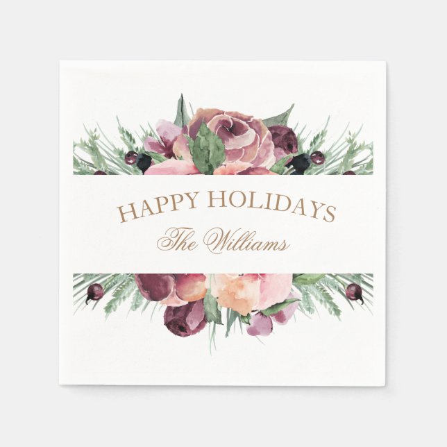 pink and plum modern happy holidays monogram napkin (Front)