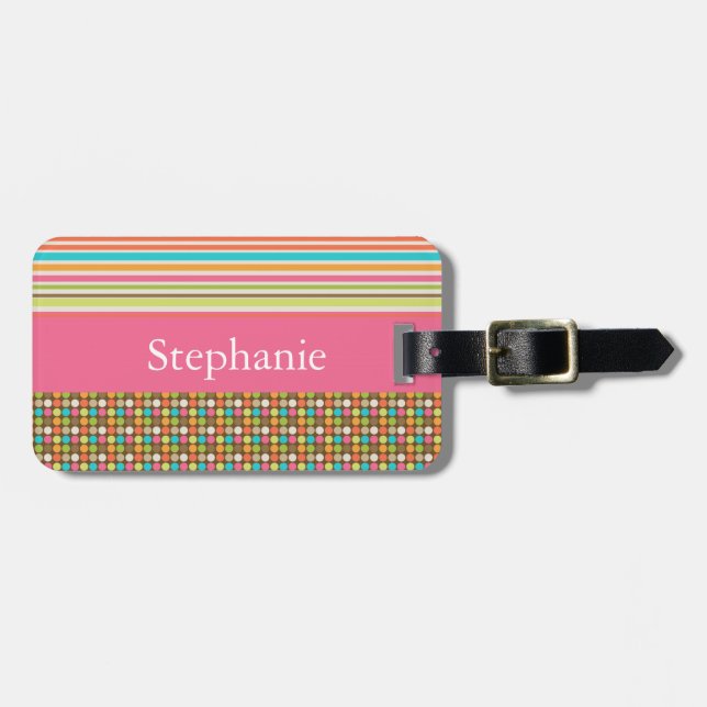 Pink and Polka Dot Customisable Luggage Tag (Front Horizontal)