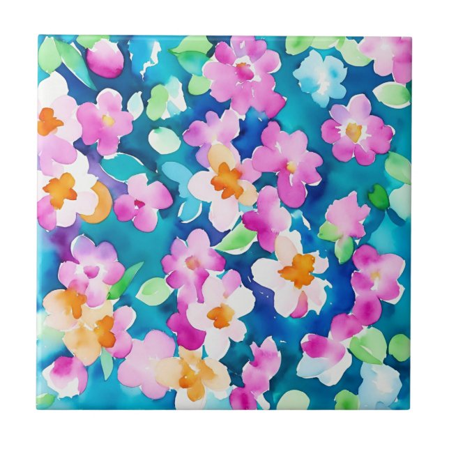 Pink and Pretty Watercolor Flowers Tile (Front)