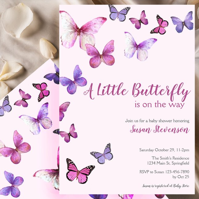 Pink and Purple A Little Butterfly Baby Shower Invitation (Creator Uploaded)