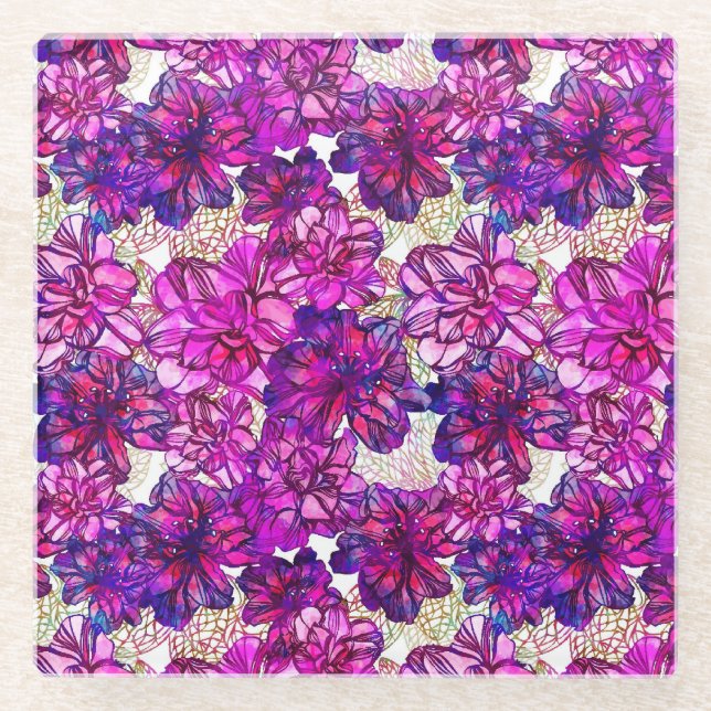 Pink And Purple Abstract Flowers Pattern Glass Coaster (Front)
