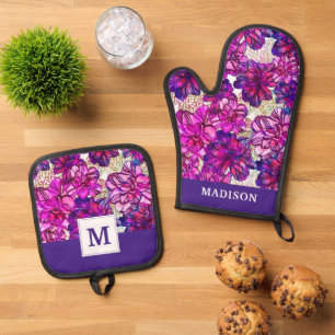 Pink And Purple Abstract Flowers Pattern Oven Mitt & Pot Holder Set