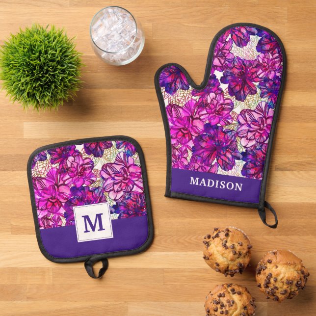 Pink And Purple Abstract Flowers Pattern Oven Mitt & Pot Holder Set (Top Down)