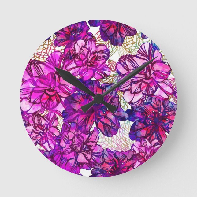 Pink And Purple Abstract Flowers Pattern Round Clock (Front)