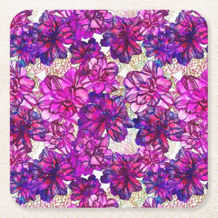 Pink And Purple Abstract Flowers Pattern Square Paper Coaster
