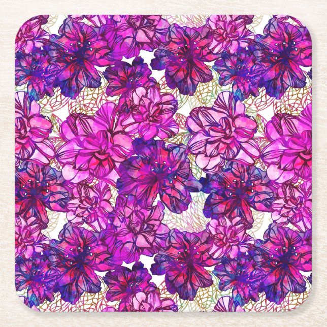 Pink And Purple Abstract Flowers Pattern Square Paper Coaster (Front)