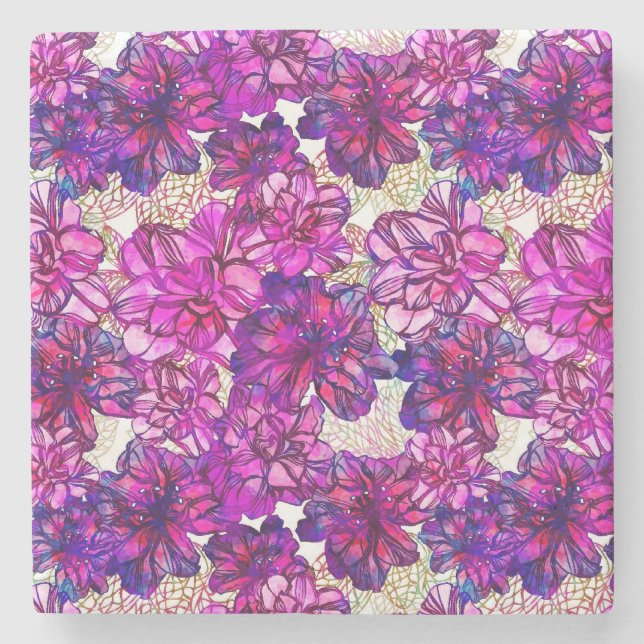 Pink And Purple Abstract Flowers Pattern Stone Coaster (Front)