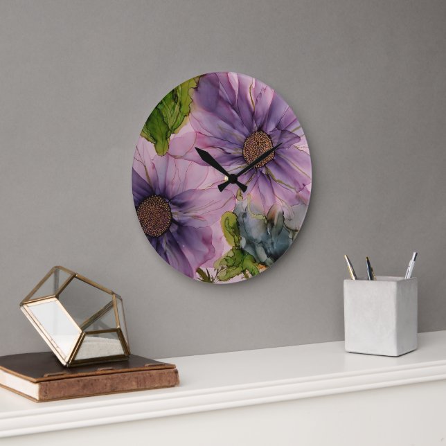 pink and purple alcohol ink flower  large clock (Office)