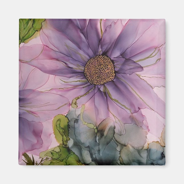pink and purple alcohol ink flower  magnet (Front)