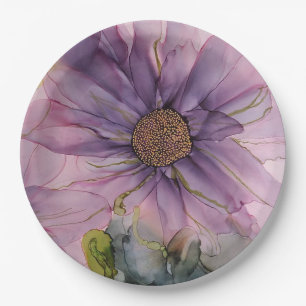 pink and purple alcohol ink flower paper plate