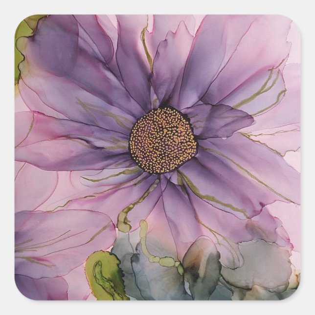 pink and purple alcohol ink flower  square sticker (Front)