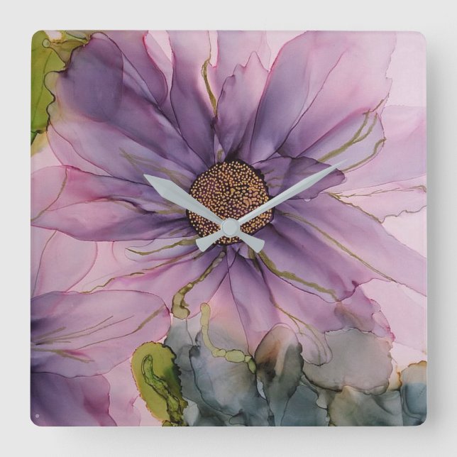 pink and purple alcohol ink flower   square wall clock (Front)