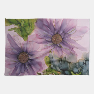 pink and purple alcohol ink flower  tea towel