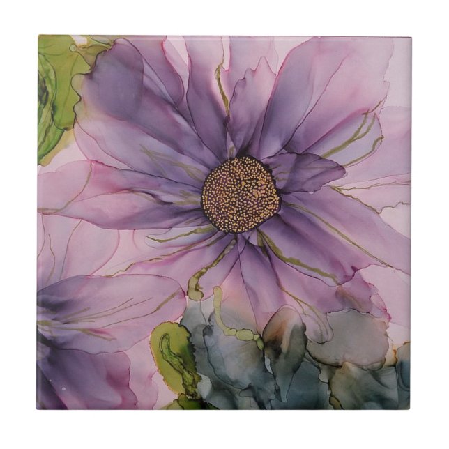 pink and purple alcohol ink flower tile (Front)