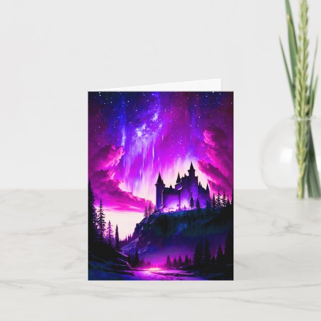 Pink and Purple Aurora Borealis Over A White Fairy Card (Front)