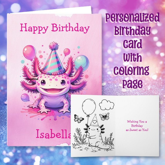 Pink and Purple Axolotl Personalised Birthday Card (Creator Uploaded)