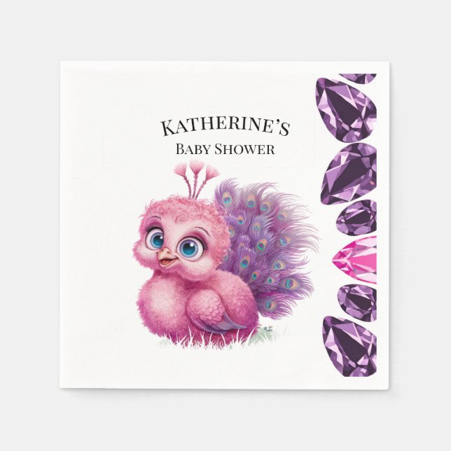 Pink and Purple Baby Peacock Baby Shower Napkin (Front)