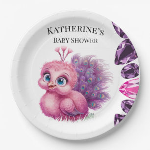 Pink and Purple Baby Peacock Baby Shower Paper Plate