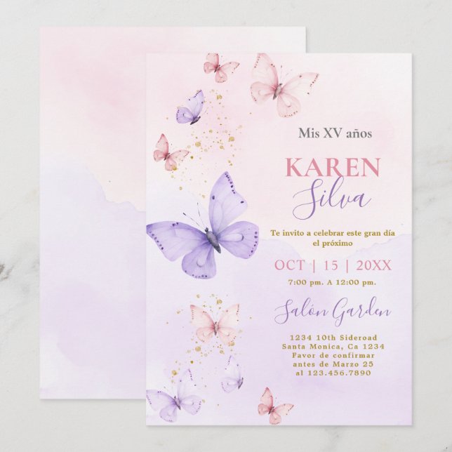 Pink and Purple Butterflies Quinceañera Invitation (Front/Back)