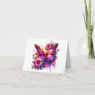 Pink and Purple Butterfly and Flowers Thank You Card