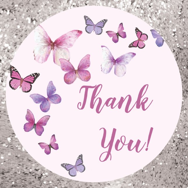 Pink and Purple Butterfly Baby Shower Thank You Classic Round Sticker (Creator Uploaded)