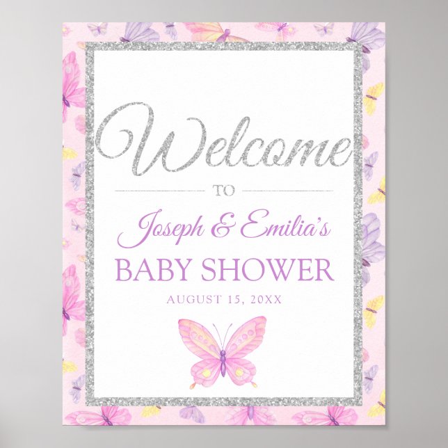 Pink and Purple Butterfly Baby Shower Welcome Post Poster (Front)