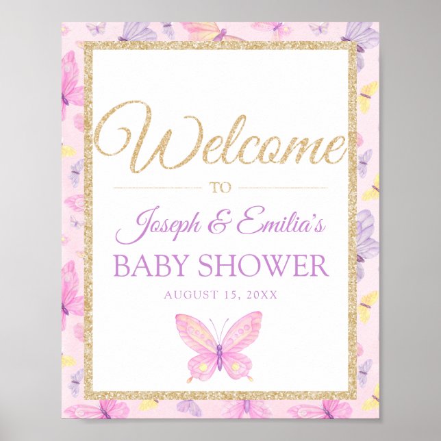 Pink and Purple Butterfly Baby Shower Welcome Poster (Front)