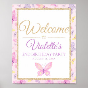Pink and Purple Butterfly Birthday Party Welcome Poster