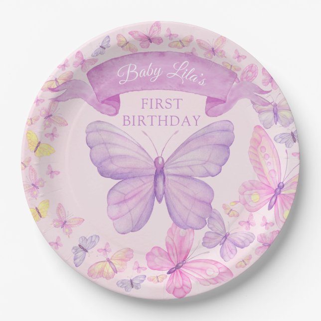Pink and Purple Butterfly Custom First Birthday Paper Plate (Front)