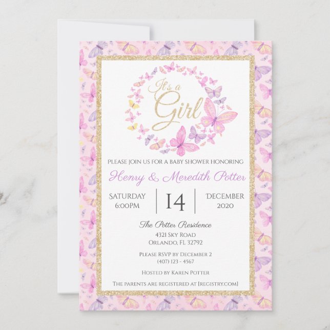 Pink and Purple Butterfly Girls Baby Shower Invitation (Front)