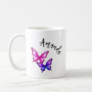 Pink and Purple Butterfly Illustration with Name Coffee Mug