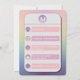 Pink and Purple Cell Phone Kid's Birthday Party Invitation