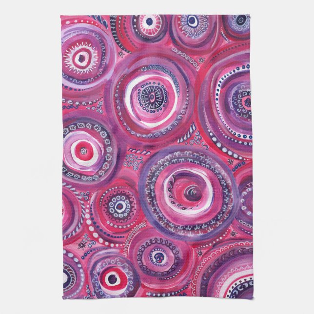 Pink and Purple Circles and Swirls Original Art Tea Towel (Vertical)